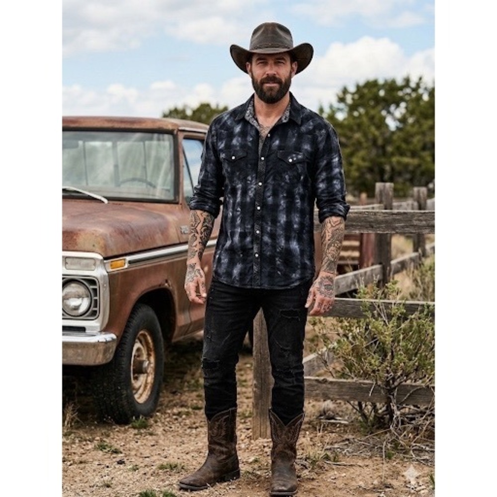 Age of Wisdom Mens XL Western Snap Shirt‎ Tie Dye Plaid Black Grey Paisley Yoke